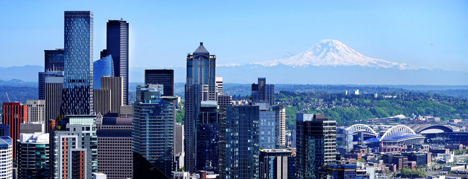 City of Seattle Washington in Pacific Northwest with Mount Mt Ranier in Distance
