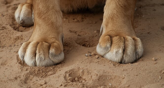 Extreme close shot of big lion paws on polished sand surface