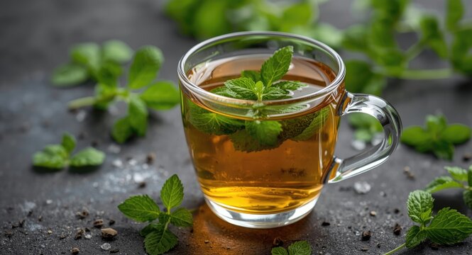 Fresh nettle leaf tea steeped to a warm infusion served in a glass cup
