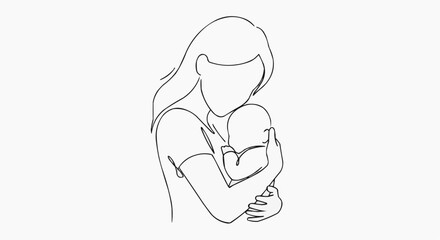 Obraz premium A minimalist line art illustration of a mother holding her baby in a tender embrace in white background.