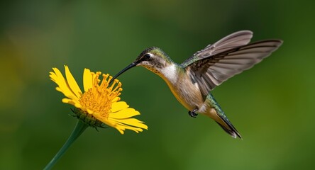 Obraz premium Joyful hummingbird feeding on bright yellow flower in full flight