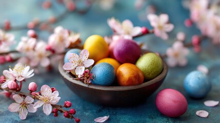 Fototapeta premium Easter eggs arranged in bowl with spring blossoms on blue surface