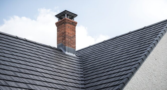 Modern roof and chimney close up on the exterior of a detached residential building