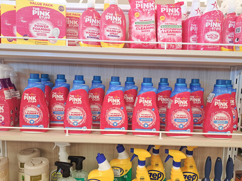 Household cleaners and detergents on supermarket aisle shelf The Pink Stuff Zep Virginia United States