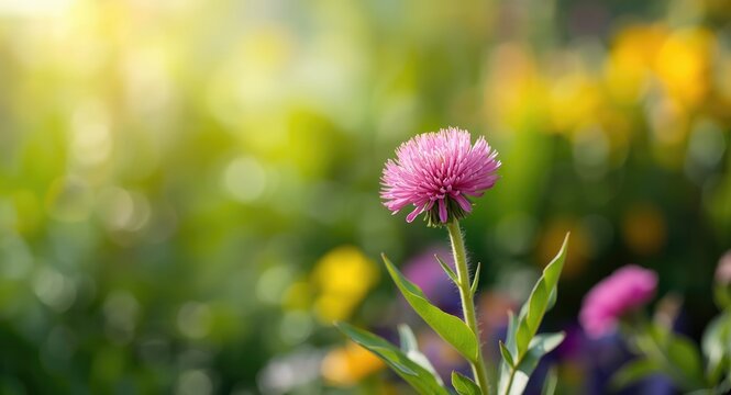 Pink flowering strawflower within vibrant plant community