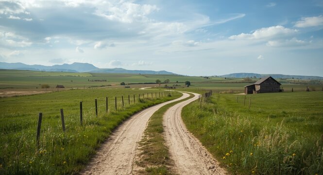 serene rural panorama highlighting a sinuous dirt road amid lush meadows