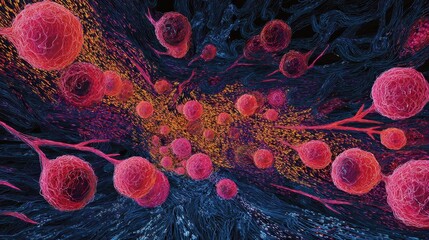 Fototapeta premium Red spherical cells moving through dark fibrous matrix