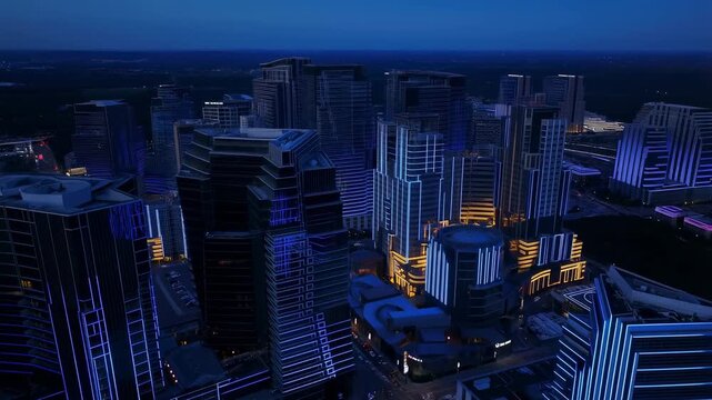 Aerial tracking shot of illuminated skyscrapers revealing neon lit downtown skyline and rooftop towers during dusk night
