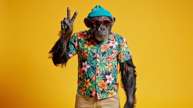 Monkey in Sunglasses and Hat Posing.