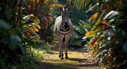 Obraz premium Content zebra strolling along tropical foliage path under bright natural light with smooth colorful plant backdrop