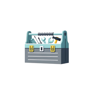 A cartoon style illustration of a toolbox with various tools