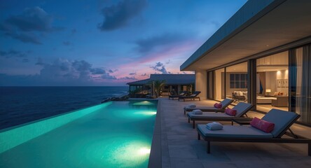 Fototapeta premium Modern holiday home beach house with pool and sun loungers overlooking the ocean