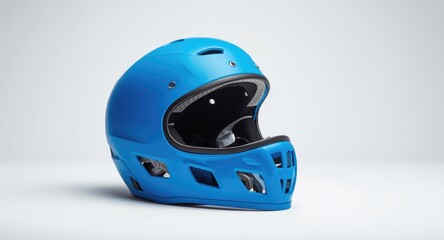 Fototapeta premium Blue protective helmet for kids skateboarding and biking displayed on white backdrop