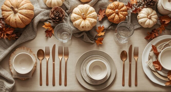 Cozy flat lay of festive fall table setting with Thanksgiving utensils and minimalist decor highlighted by hard light