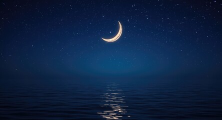 Fototapeta premium Mystical night sea background with glowing crescent moon and sparkling stars