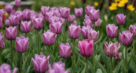 Fototapeta premium Lush garden filled with blooming lilac tulips symbolizing seasonal floral renewal