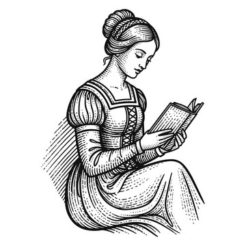 Renaissance Woman Reading a Book in Medieval Dress Vintage Sketch