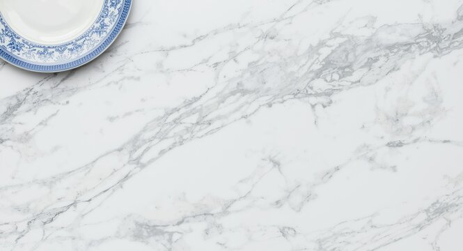 Old style blue plate arranged on a bright marble table seen from top with copy space