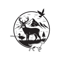 Fototapeta premium A circular monochrome graphic featuring a majestic deer standing before a mountain landscape scene