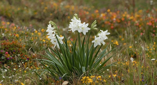 Fistulous asphodel plants with elegant white blossoms in colorful grassy landscape