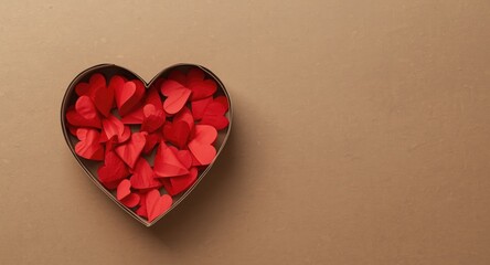 Fototapeta premium Romantic heart shaped cardboard box full of red paper hearts placed on brown textured surface with room for text