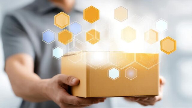 Male individual in gray shirt holds a cardboard box with glowing hexagonal shapes emerging, illustrating digital technology and delivery concepts in a modern environment