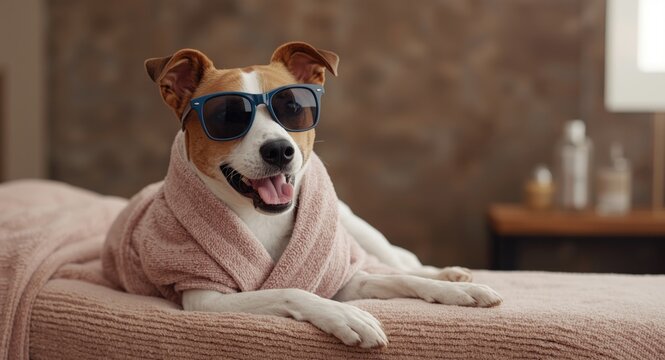 Happy Jack Russell dog relaxing at spa in robe and sunglasses