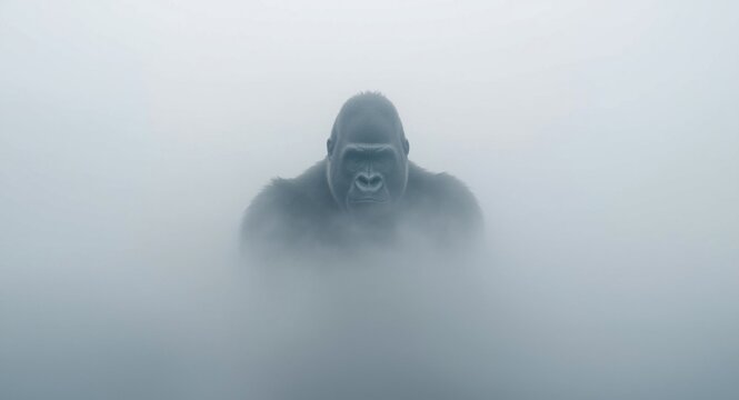 Gorilla shape materializing from a thick mist covered backdrop