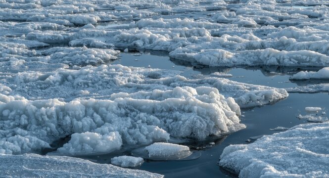 Frost covered winter terrain with ice hummocks surrounded by floating ice floes