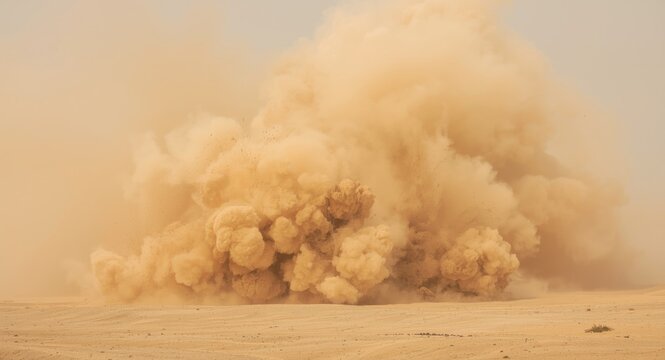Powerful desert explosion generating extensive dust cloud cover