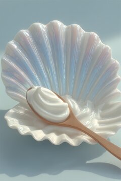 iridescent scallop-shell plate with wooden spoon resting on it, displaying swirl of white cream, evoking coastal elegance and minimalist stilllife