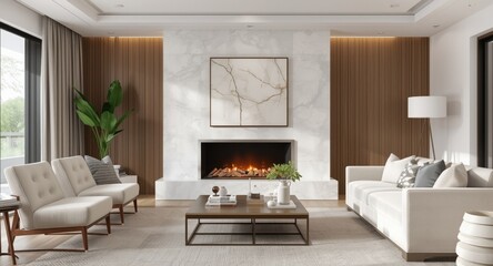 Obraz premium Gas fireplace presentation in a serene and timeless living room design