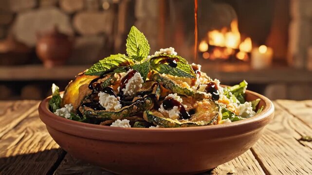 Grilled Zucchini Salad With Balsamic Drizzle, Ricotta, Fresh Mint And Roasted Slices In Clay Bowl On Rustic Wooden Table By Glowing Fireplace, Warm Cozy Ambiance, Closeup Texture Showcasing Balsamic.