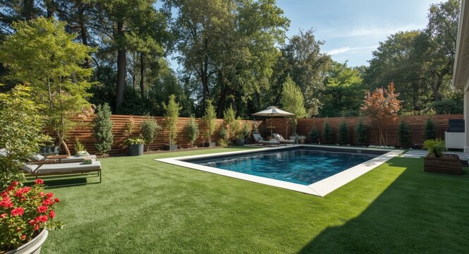 Contemporary home outdoor area upgrade with pool artificial turf diverse tree types and seating