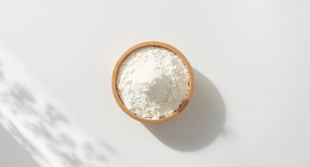 Fototapeta premium Skimmed milk powder presented in a circular wooden container over a white tabletop