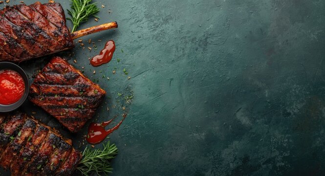 Grilled lamb and pork ribs arranged with aromatic herbs and sauce on a dark green background offering copyspace