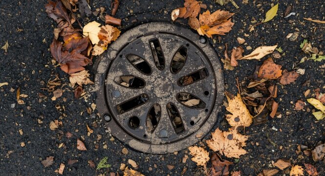 Close up of metal downspout and storm grate during seasonal transition with copy space
