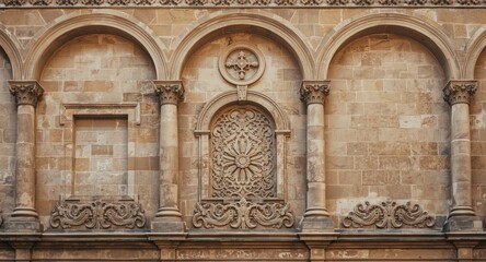 Obraz premium Historic architecture showing stone columns, arches, and window details