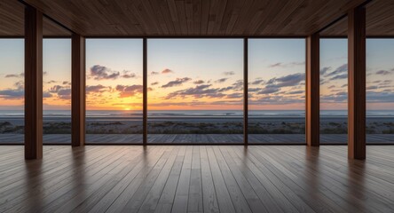 Fototapeta premium Open modern interior with a large wood gallery and floor to ceiling window overlooking beach sunset for display use