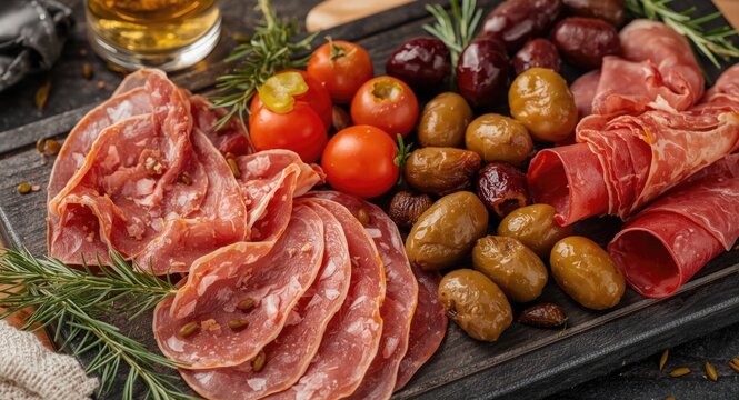 Flavorful antipasti meat combination of prosciutto salami and mixed olives artistically arranged on a premium serving board