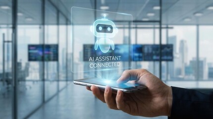Obraz premium Holding a smartphone with an AI assistant displayed in a modern office setting while connected to technology