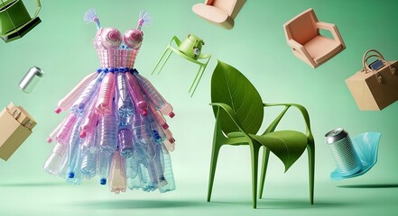 Eco-friendly dress made from plastic bottles alongside green chair 