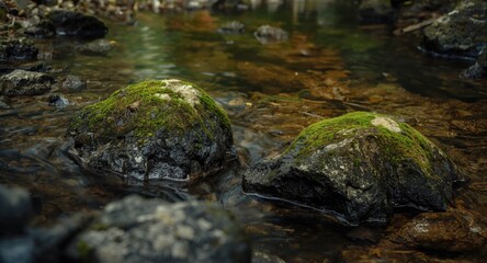 Fototapeta premium Mossy stone clusters near the tranquil surface of a clear mountain stream