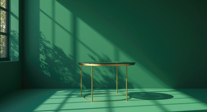 Exhibition setup with circular glass table and golden stand surrounded by green shadow sunlight