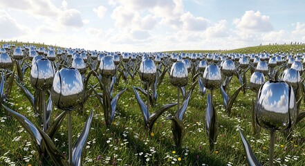 Field of reflective tulips under a blue sky with fluffy clouds 
