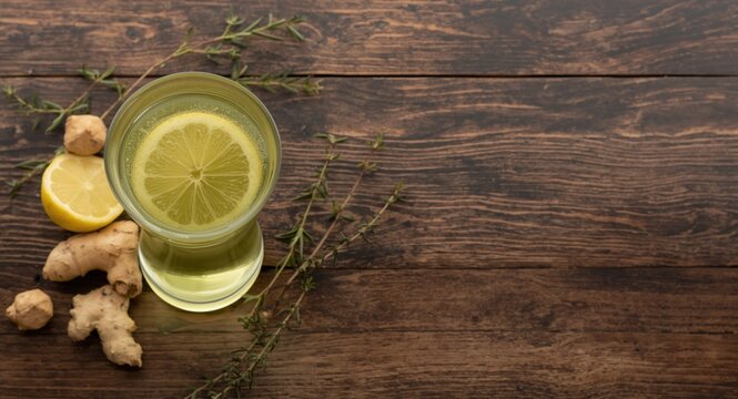 Natural green tea beverage with ginger lemon and thyme on wooden background