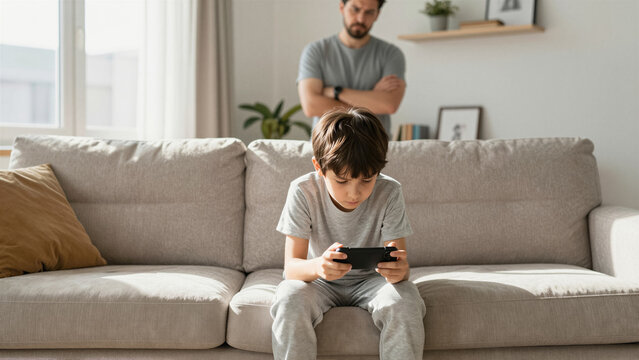 Strict father looking with concern at his young son playing a video game on a smartphone. Boy ignoring his parent while being addicted to screen time in a modern living room