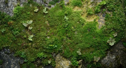 Fototapeta premium Soft moss blanket over rocky surface creating textured background