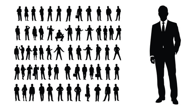 A collection of black silhouettes of people in various poses and a single suited man
