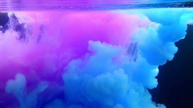 Slow motion static close up of colored ink dissolving and swirling in water tank studio with vibrant pink blue purple cloud